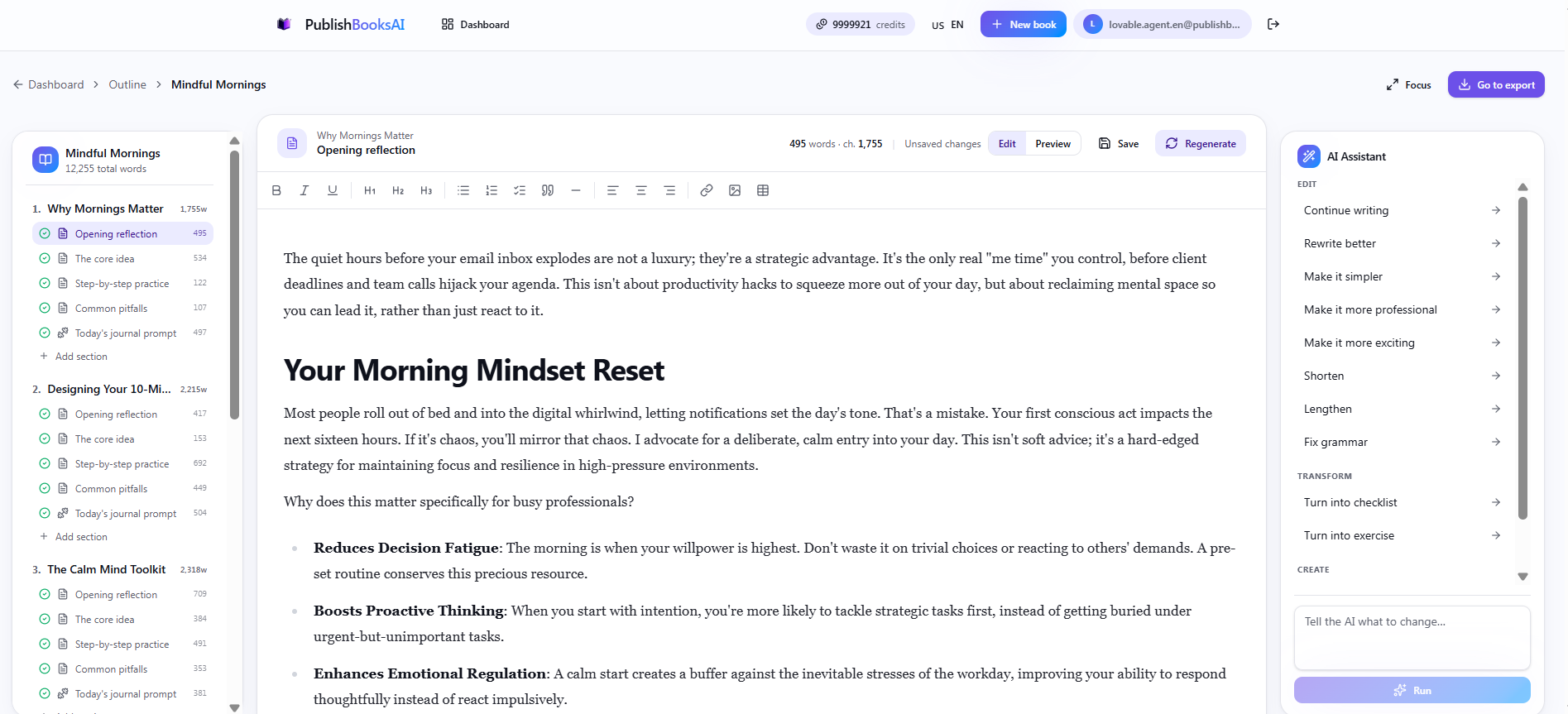 PublishBooksAI chapter editor with AI Assistant side panel
