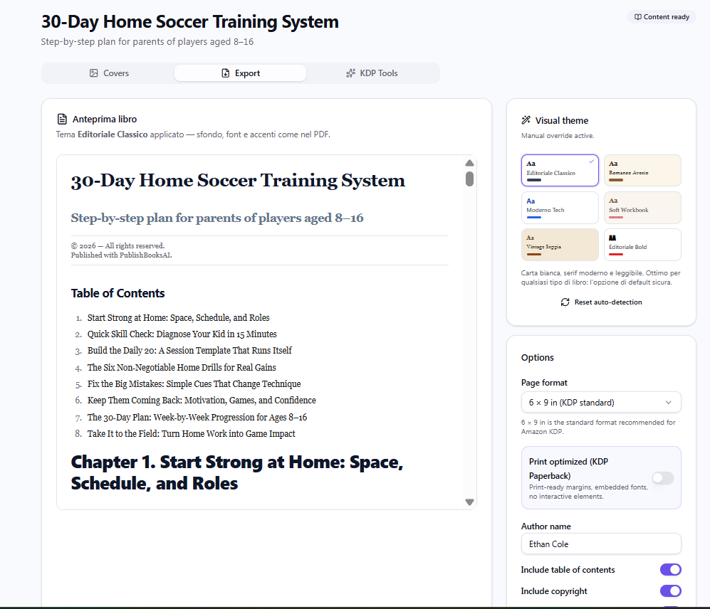 Export panel with theme picker, page format and live book preview