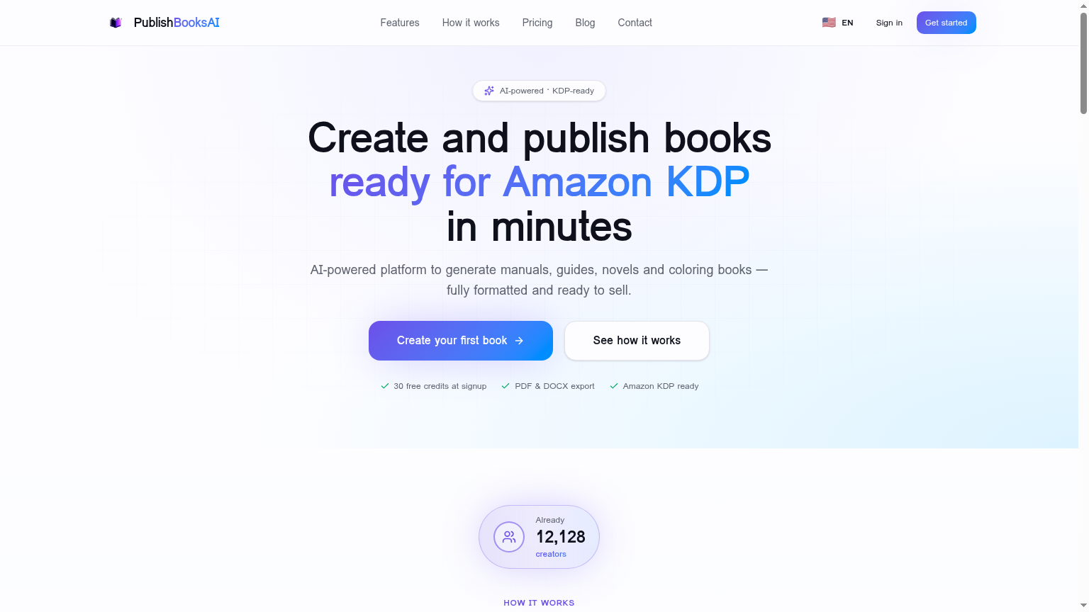 PublishBooksAI homepage showing the main value proposition