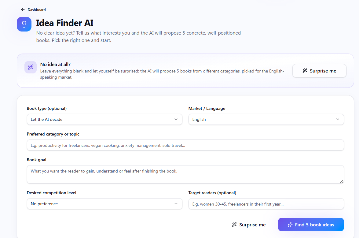 Idea Finder AI form with topic, goal, competition level and audience inputs