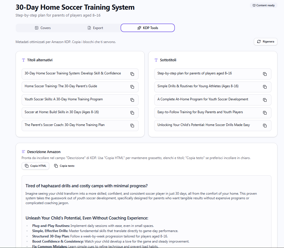 KDP Tools panel with alternative titles, subtitles and Amazon description