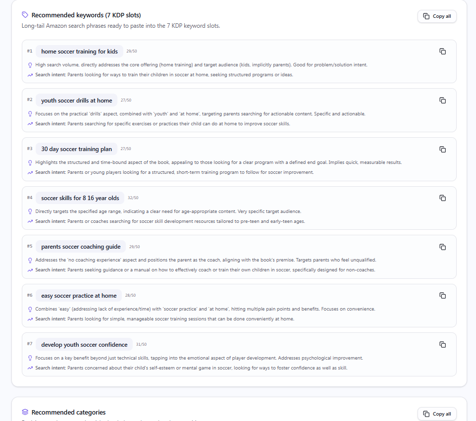 Seven recommended long-tail KDP keywords with search intent explanations