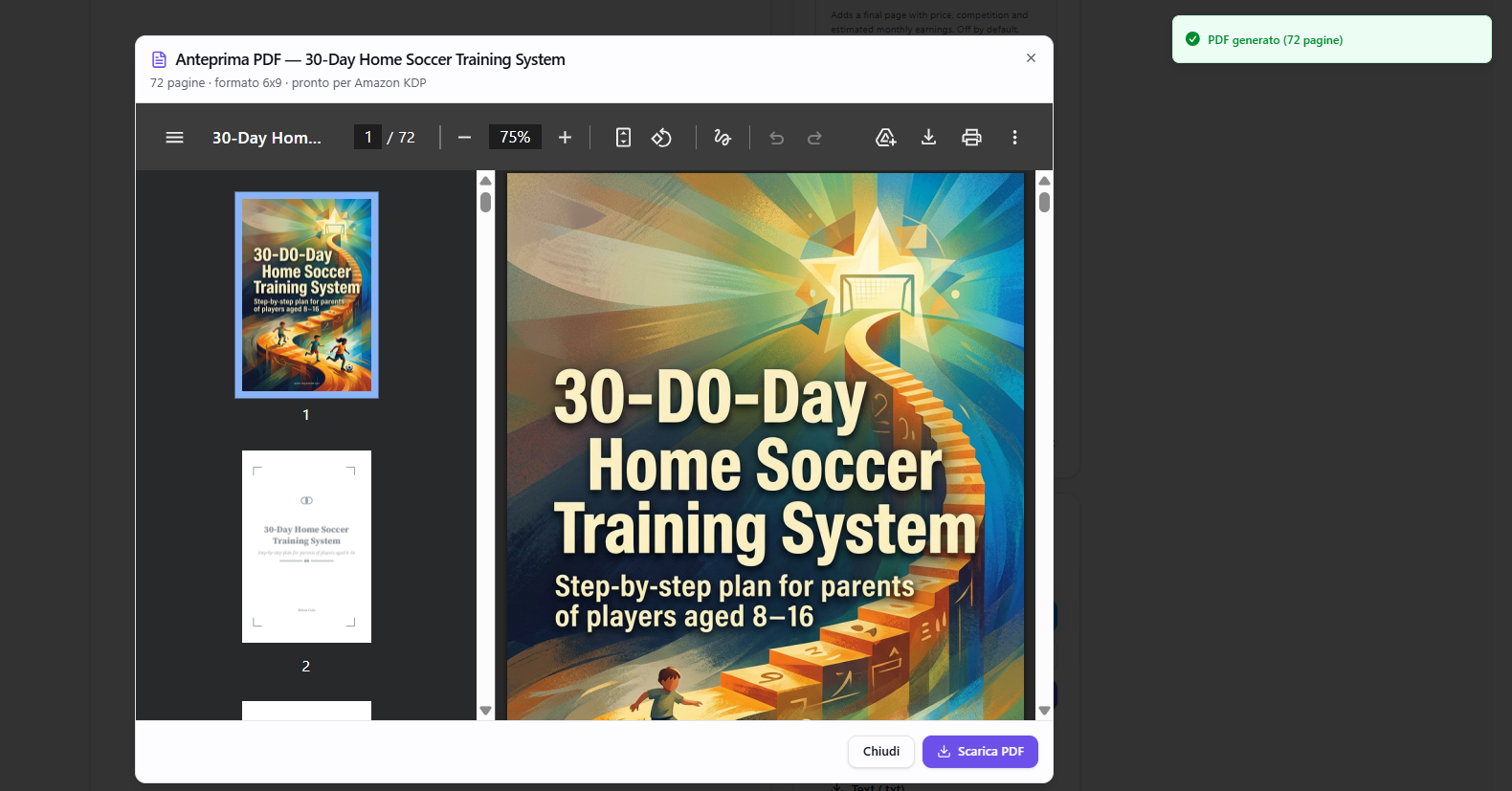 Generated print-ready PDF preview, 72 pages ready for Amazon KDP